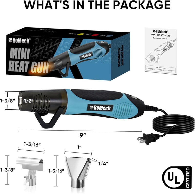 ROMECH 350W Heat Gun with 2 Nozzles, Dual Temp Heat Gun 400°F-660°F, Fast Heat Hot Air Gun with Overload Protection for DIY Craft Embossing Shrink Wrapping (Cyan) - Image 4